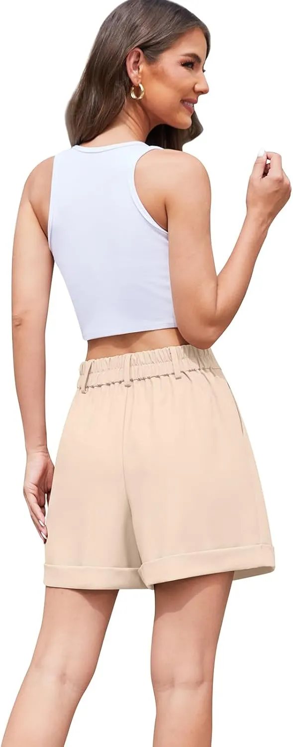 QUEZHU Women's Summer Dressy Casual Elastic Waist Wide Leg Suit Tailored Shorts Comfy Elagant Work Trouser Shorts