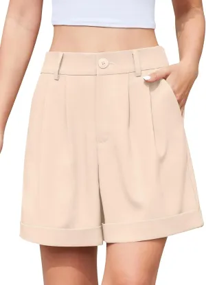 QUEZHU Women's Summer Dressy Casual Elastic Waist Wide Leg Suit Tailored Shorts Comfy Elagant Work Trouser Shorts