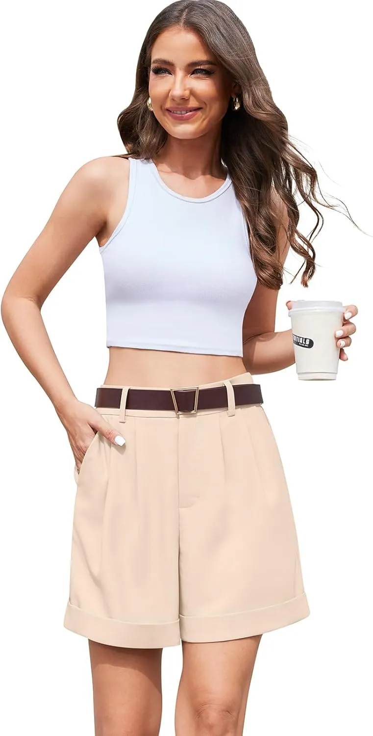 QUEZHU Women's Summer Dressy Casual Elastic Waist Wide Leg Suit Tailored Shorts Comfy Elagant Work Trouser Shorts