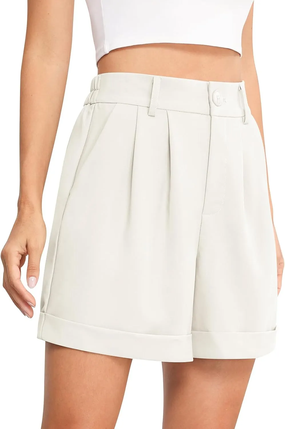 QUEZHU Women's Summer Dressy Casual Elastic Waist Wide Leg Suit Tailored Shorts Comfy Elagant Work Trouser Shorts