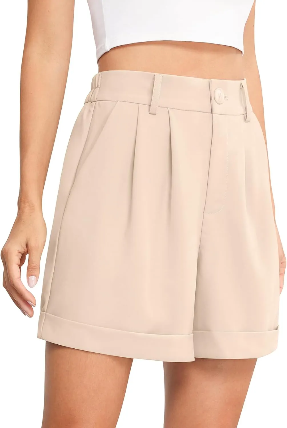 QUEZHU Women's Summer Dressy Casual Elastic Waist Wide Leg Suit Tailored Shorts Comfy Elagant Work Trouser Shorts