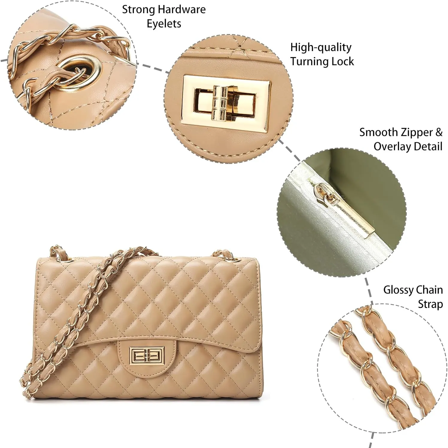 Quilted Leather Crossbody Bags for Women Trendy Ladies Shoulder Purse Satchel HandBag with Chain Strap