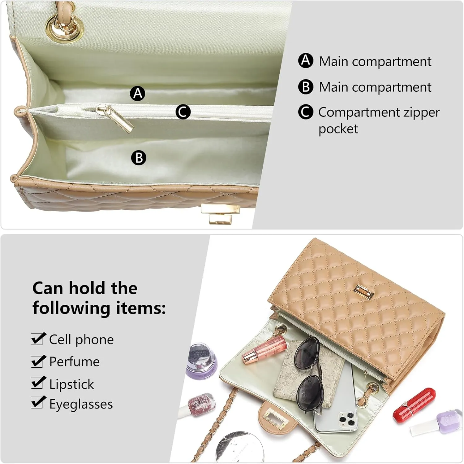 Quilted Leather Crossbody Bags for Women Trendy Ladies Shoulder Purse Satchel HandBag with Chain Strap