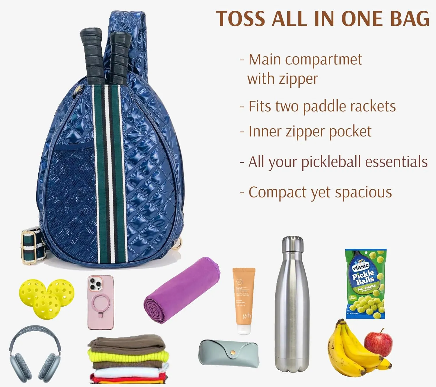 Quilted Pickleball Sling Bag, Crossbody Design with Reflective Stripe, Pickleball Puffer Bags for Women and Men, Pickleball Bags for Ladies