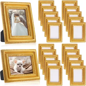 Qunclay 20 Pcs Small Gold Picture Frames Pack Mini Retro 2.5x3.5 Photo Frames Ornate Antique Frames Tiny Ornate Picture Frames for Wall Hanging Tabletop Display Home Gallery Decor