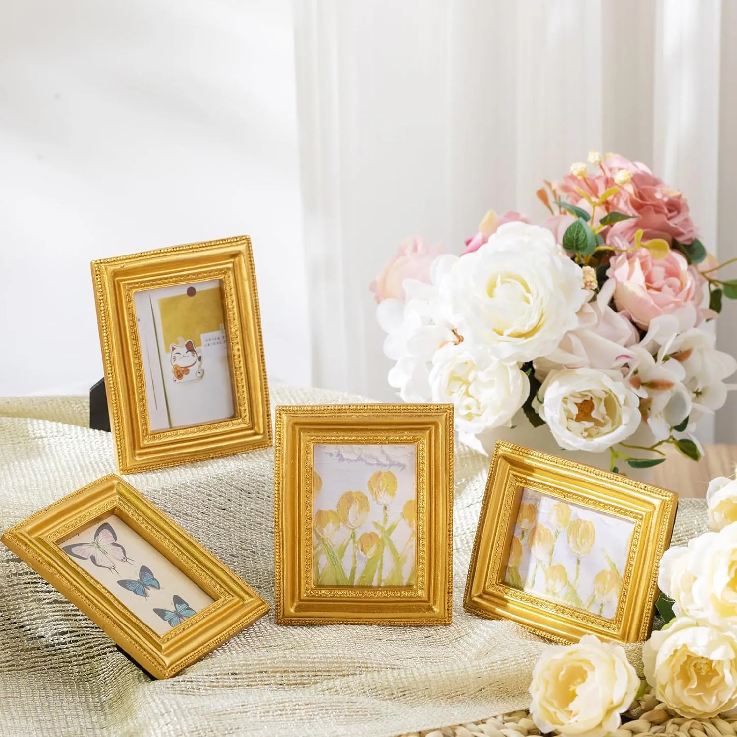 Qunclay 20 Pcs Small Gold Picture Frames Pack Mini Retro 2.5x3.5 Photo Frames Ornate Antique Frames Tiny Ornate Picture Frames for Wall Hanging Tabletop Display Home Gallery Decor