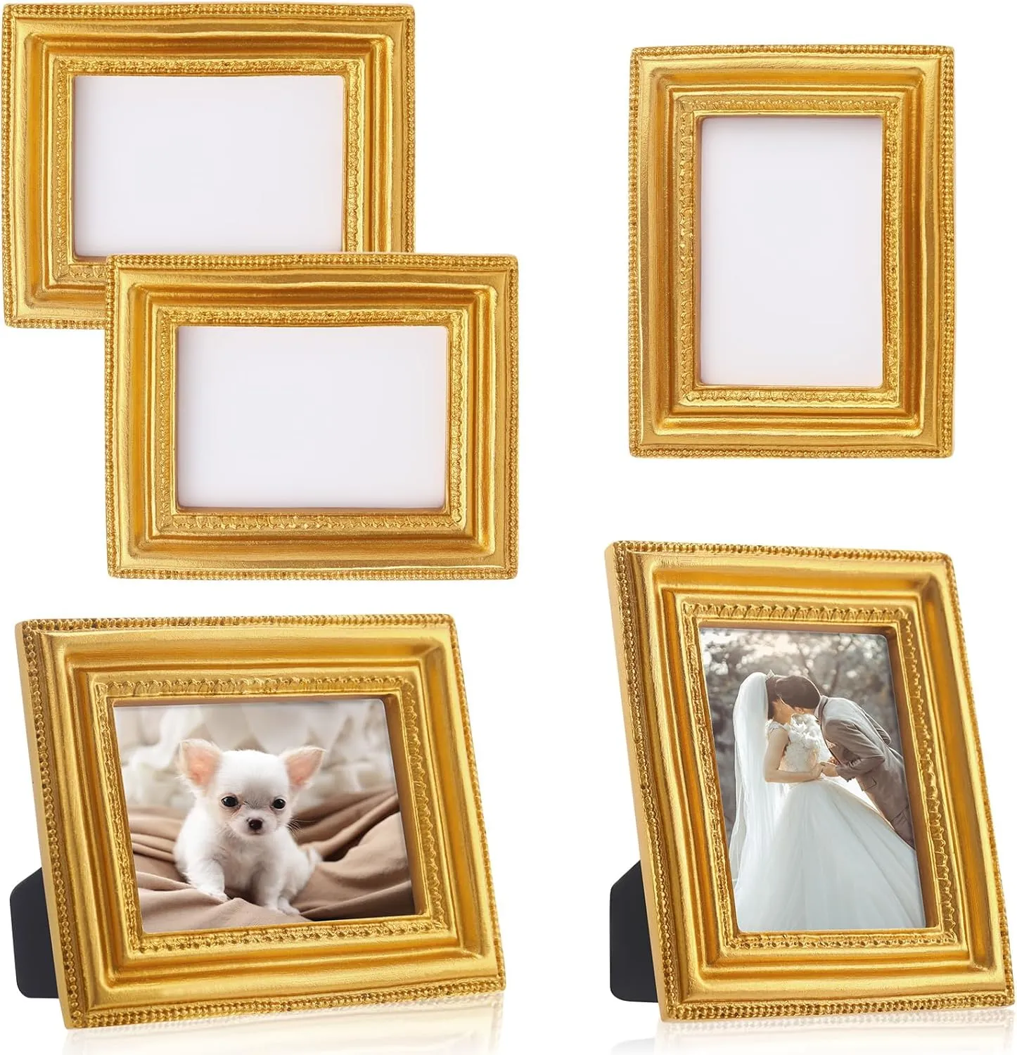 Qunclay 5 Pcs Small Gold Picture Frames Pack Mini Retro 2.5x3.5 Photo Frames Ornate Antique Frames Tiny Ornate Picture Frames for Wall Hanging Tabletop Display Home Gallery Decor