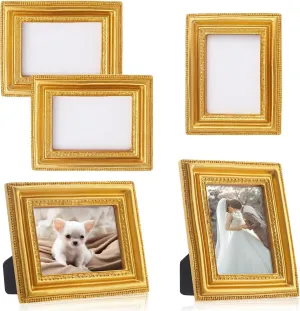Qunclay 5 Pcs Small Gold Picture Frames Pack Mini Retro 2.5x3.5 Photo Frames Ornate Antique Frames Tiny Ornate Picture Frames for Wall Hanging Tabletop Display Home Gallery Decor