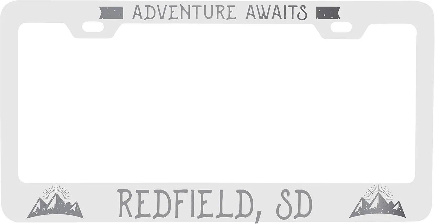 R and R Imports Redfield South Dakota laser engraved Metal License Plate Frame Adventures awaits Design