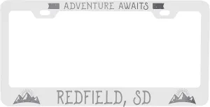 R and R Imports Redfield South Dakota laser engraved Metal License Plate Frame Adventures awaits Design