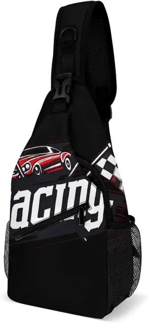 Race Car with Checkered Flag Funny Crossbody Sling Bag Novelty Chest Bags Shoulder Backpack For Travel Hiking 15×8×4 Inches
