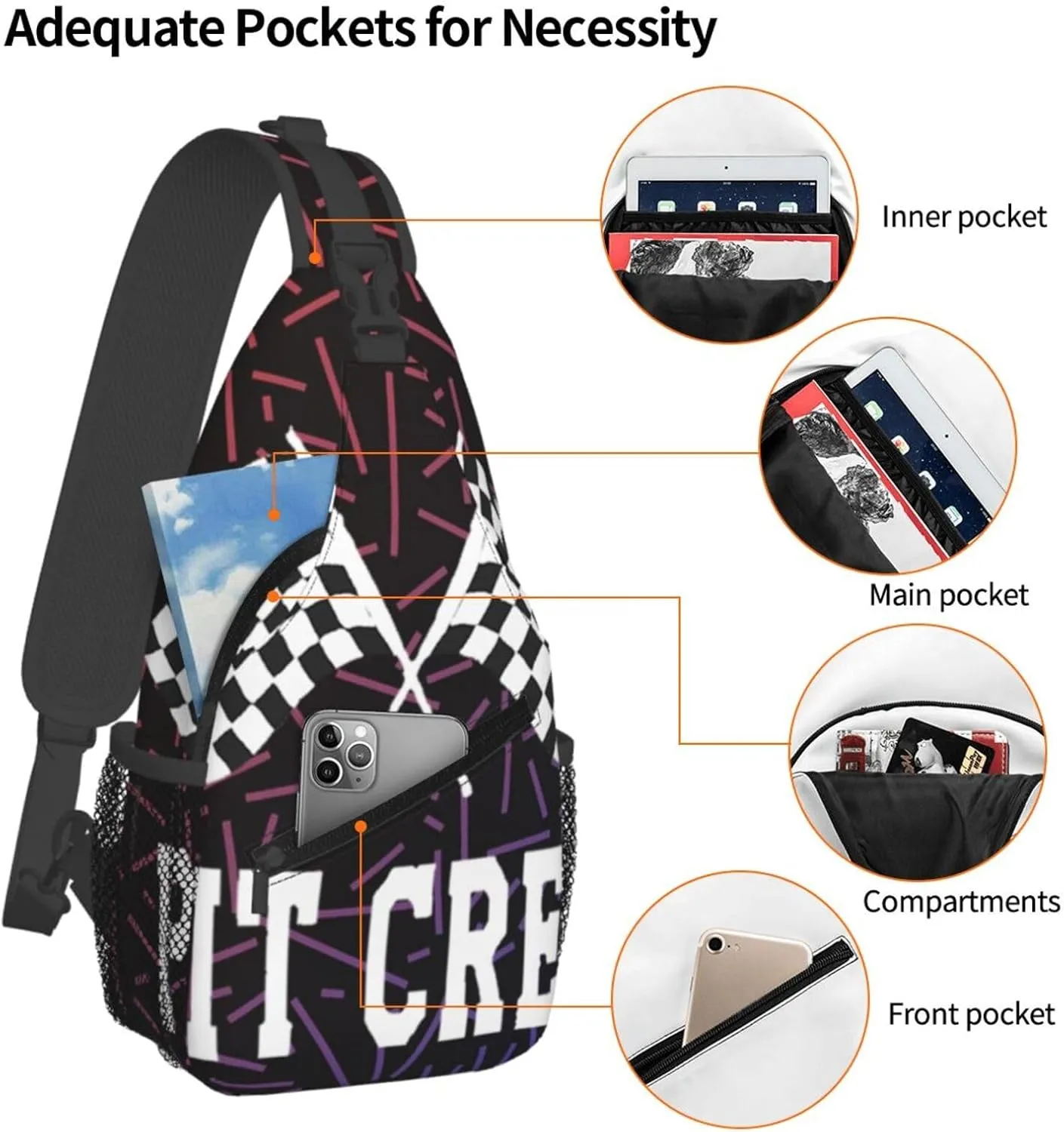 Racing Pit Crew Crossbody For Men Women Sling Chest Bag Shoulder Bag Lightweight One Strap Backpack Multipurpose Travel Hiking Daypack