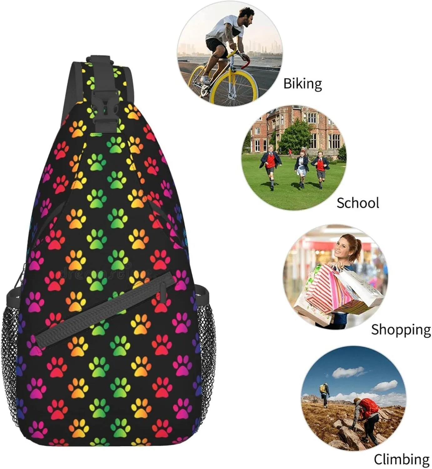 Rainbow Dog Cat Paw Print Sling Backpack Chest Bag Crossbody Shoulder Bag Gym Cycling Travel Hiking Daypack For Men Women