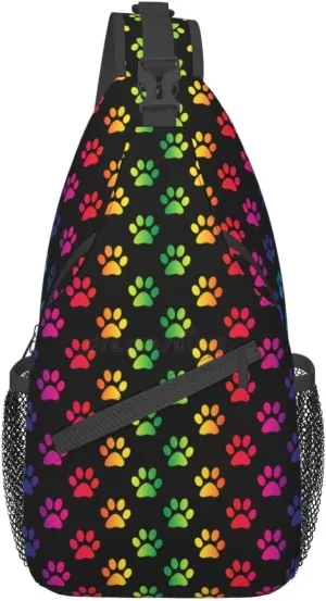 Rainbow Dog Cat Paw Print Sling Backpack Chest Bag Crossbody Shoulder Bag Gym Cycling Travel Hiking Daypack For Men Women