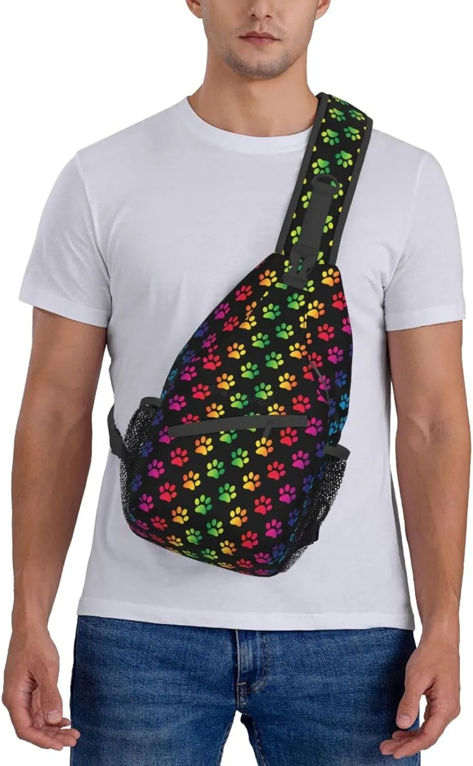 Rainbow Dog Cat Paw Print Sling Backpack Chest Bag Crossbody Shoulder Bag Gym Cycling Travel Hiking Daypack For Men Women