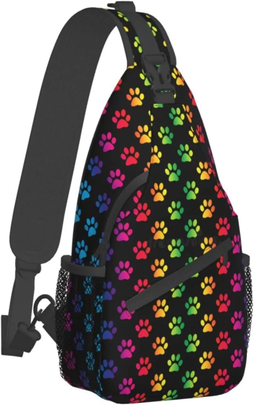 Rainbow Dog Cat Paw Print Sling Backpack Chest Bag Crossbody Shoulder Bag Gym Cycling Travel Hiking Daypack For Men Women
