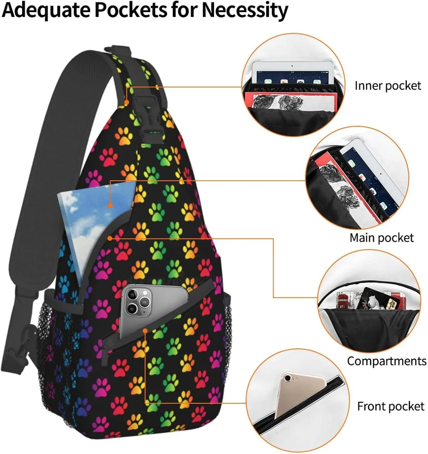 Rainbow Dog Cat Paw Print Sling Backpack Chest Bag Crossbody Shoulder Bag Gym Cycling Travel Hiking Daypack For Men Women