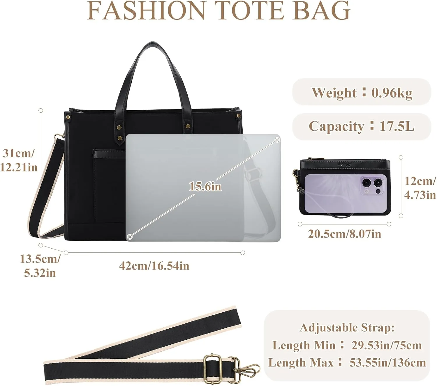RAVUO Laptop Tote Bag for Women, Water Resistant 15.6 Inch Large Canvas Handbag with Wallet Purse for Business Work Travel