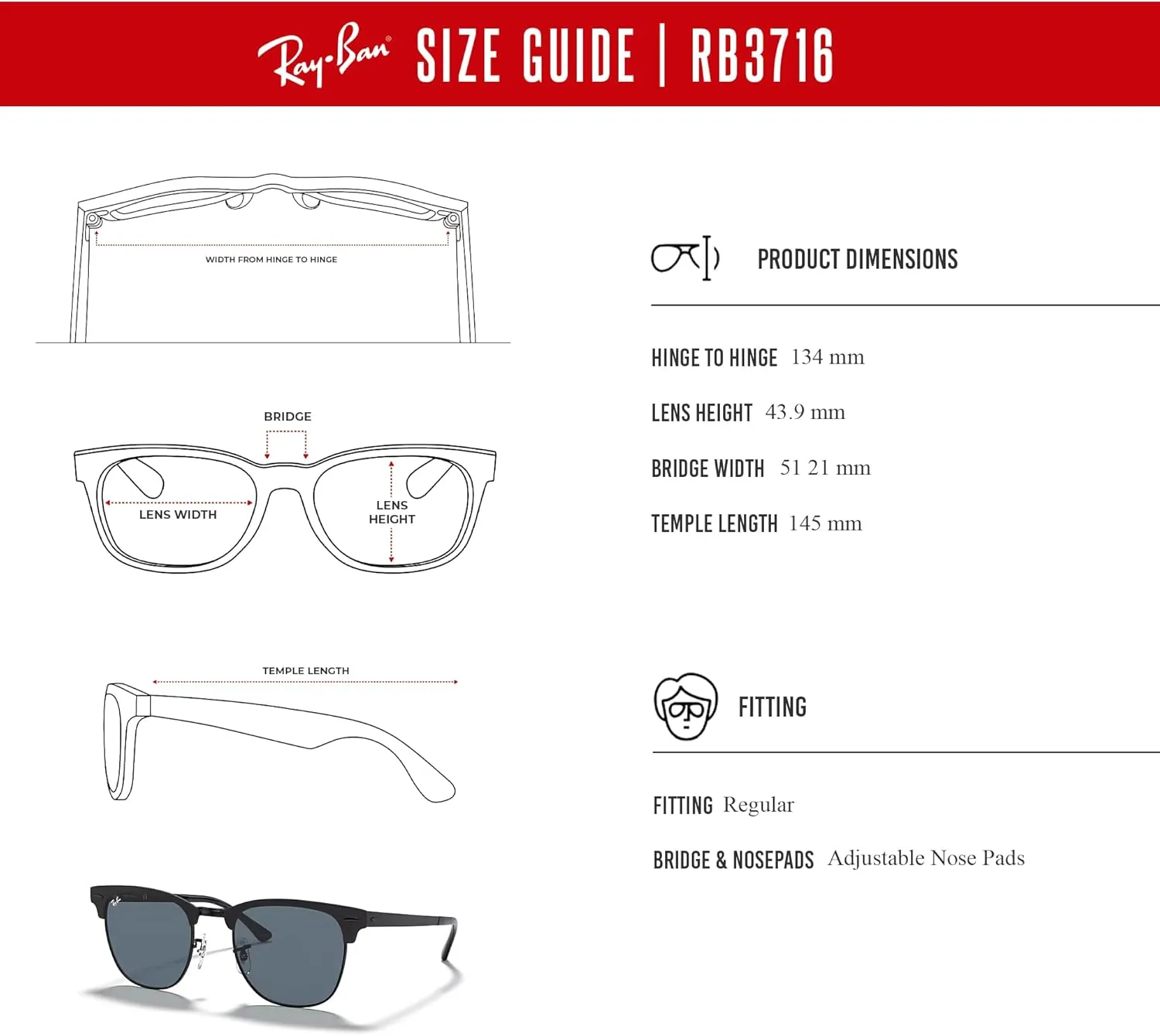 Ray-Ban RB3716 CLUBMASTER METAL Square Sunglasses For Men For Women   BUNDLE with Designer iWear Eyewear Care Kit