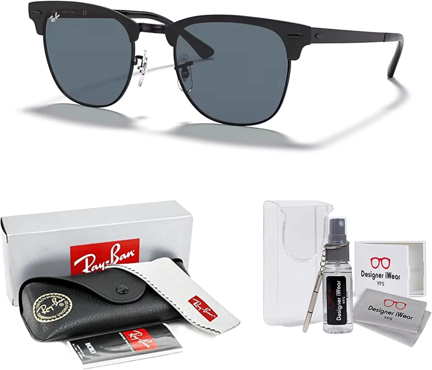Ray-Ban RB3716 CLUBMASTER METAL Square Sunglasses For Men For Women   BUNDLE with Designer iWear Eyewear Care Kit