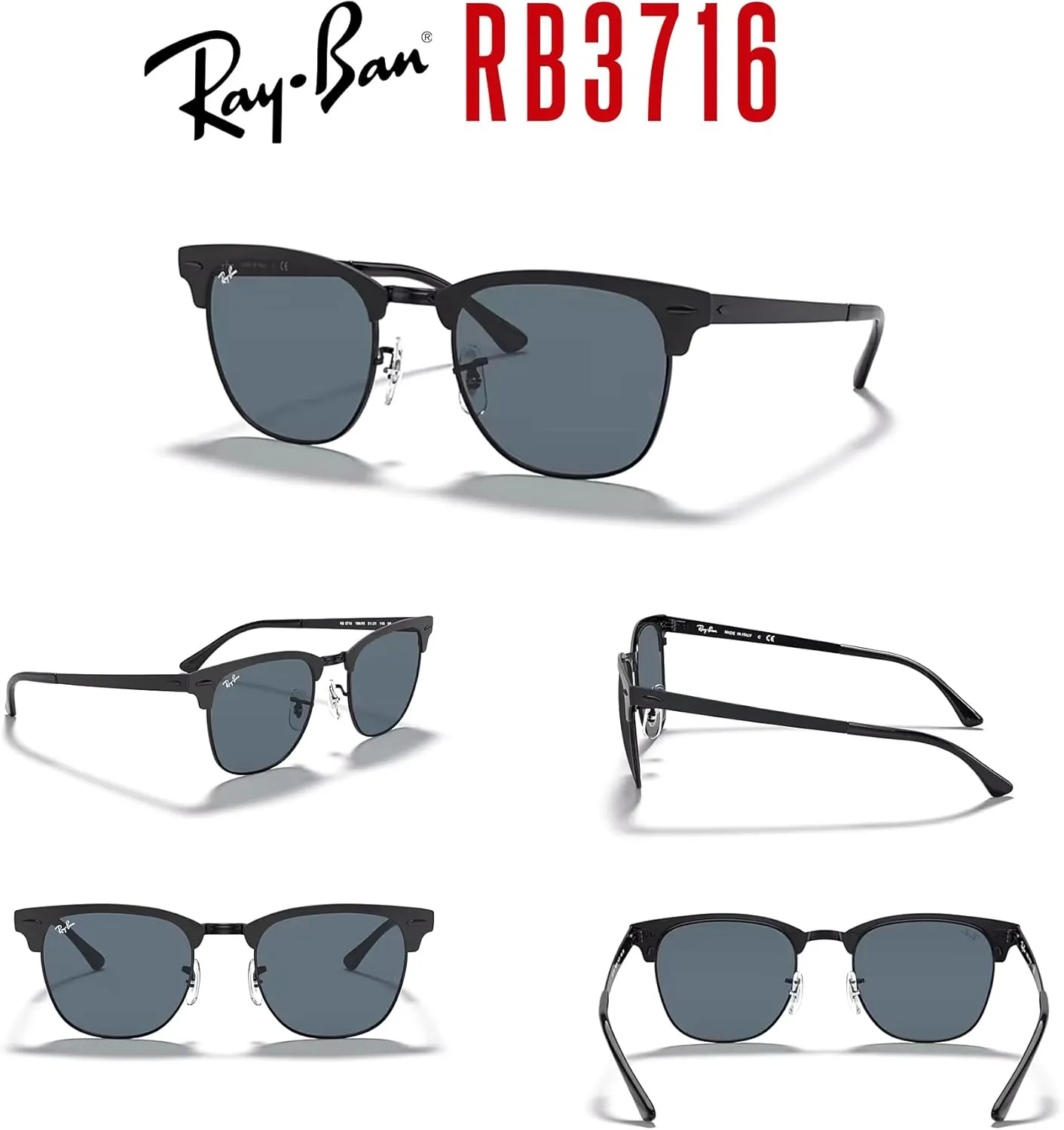 Ray-Ban RB3716 CLUBMASTER METAL Square Sunglasses For Men For Women   BUNDLE with Designer iWear Eyewear Care Kit