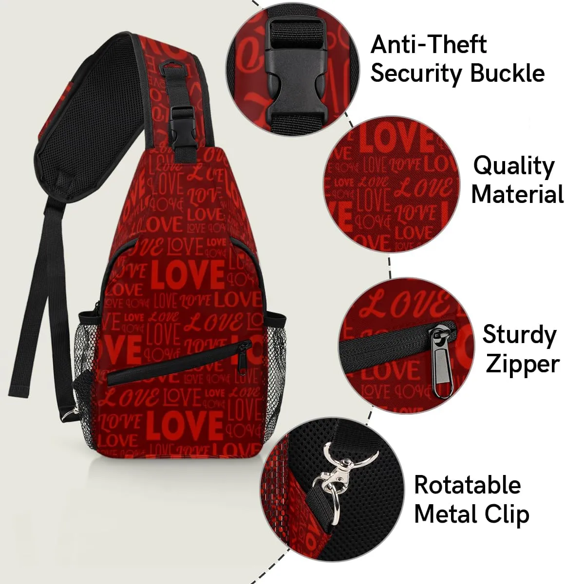 Red Love Letters Sling Bag for Women Men Crossbody Sling Backpack Shoulder Bag Chest Bag Daypack for Travel Hiking Outdoor