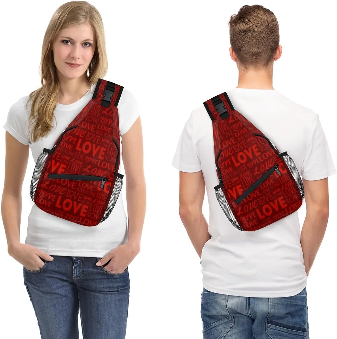 Red Love Letters Sling Bag for Women Men Crossbody Sling Backpack Shoulder Bag Chest Bag Daypack for Travel Hiking Outdoor