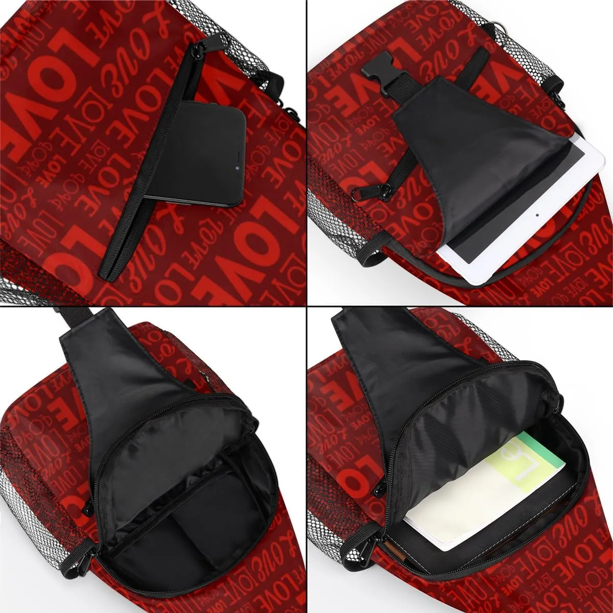 Red Love Letters Sling Bag for Women Men Crossbody Sling Backpack Shoulder Bag Chest Bag Daypack for Travel Hiking Outdoor