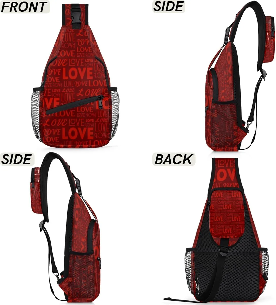 Red Love Letters Sling Bag for Women Men Crossbody Sling Backpack Shoulder Bag Chest Bag Daypack for Travel Hiking Outdoor