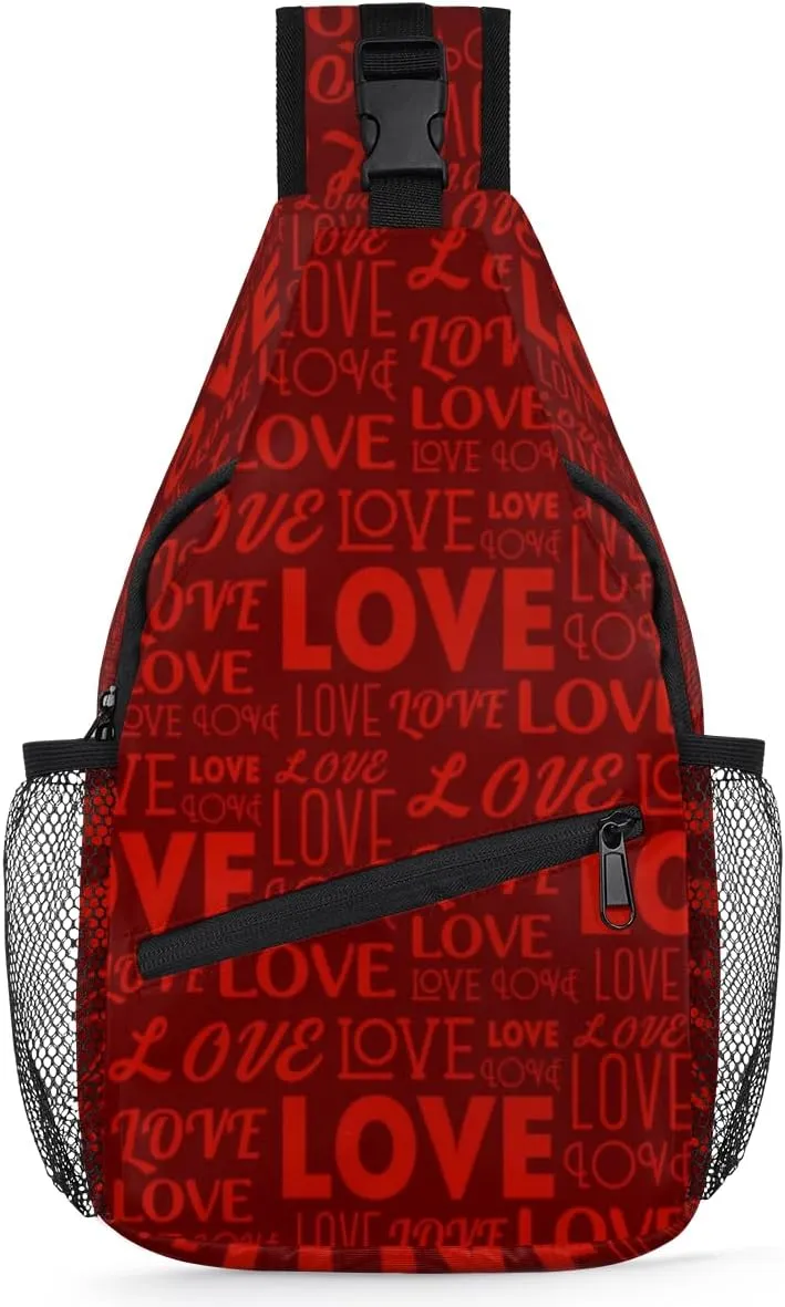 Red Love Letters Sling Bag for Women Men Crossbody Sling Backpack Shoulder Bag Chest Bag Daypack for Travel Hiking Outdoor