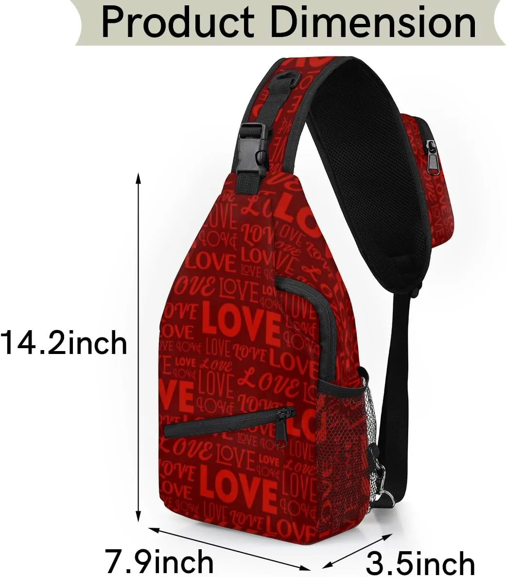 Red Love Letters Sling Bag for Women Men Crossbody Sling Backpack Shoulder Bag Chest Bag Daypack for Travel Hiking Outdoor