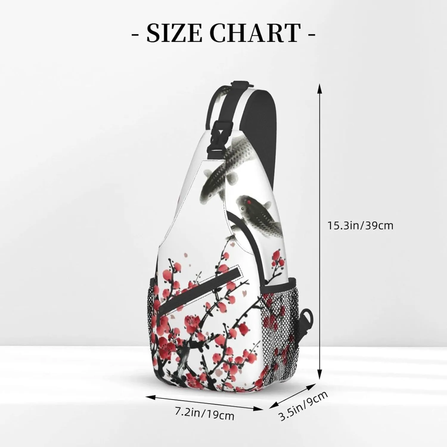 Red Plum Blossom Sling Bag Crossbody Backpack,Flower Blossom Bloom Trees Branch Koi Fish Asian Style Tradition Artwork Chest Bag Adjustable Shoulder Backpack Travel Hiking Daypack