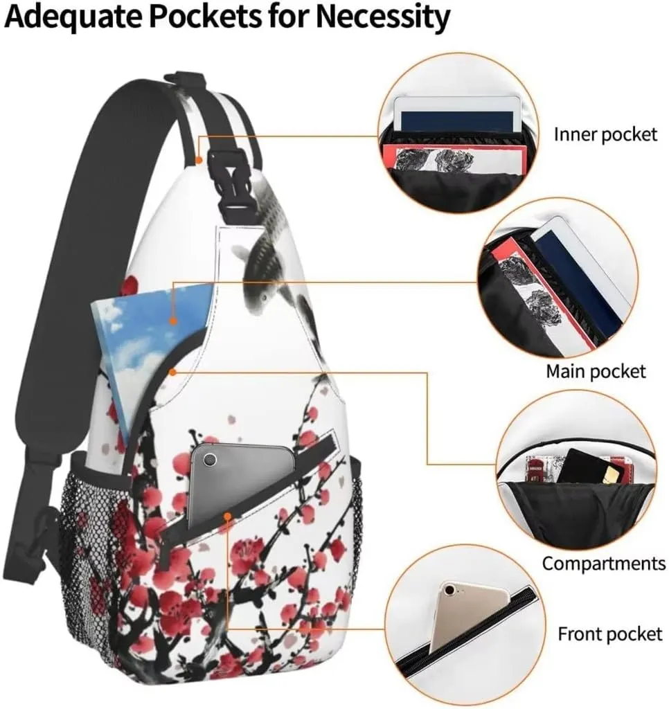 Red Plum Blossom Sling Bag Crossbody Backpack,Flower Blossom Bloom Trees Branch Koi Fish Asian Style Tradition Artwork Chest Bag Adjustable Shoulder Backpack Travel Hiking Daypack