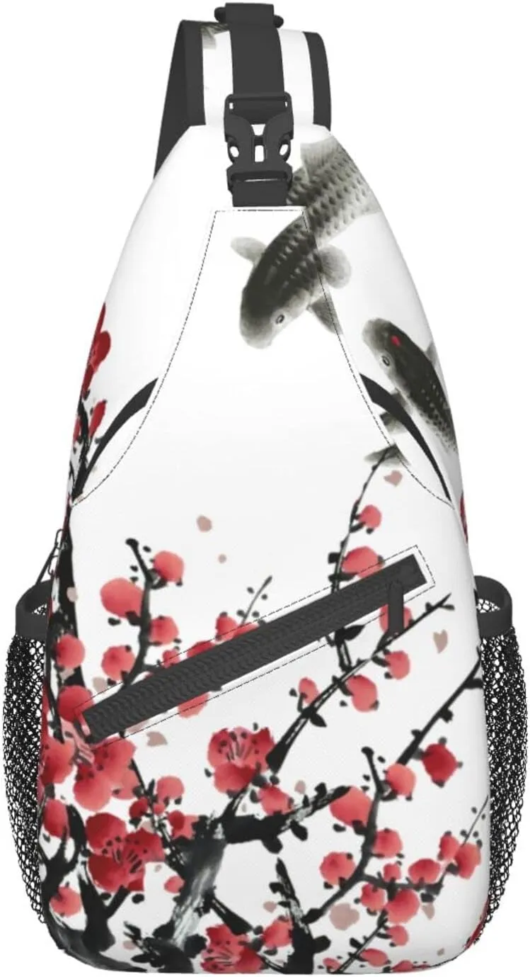 Red Plum Blossom Sling Bag Crossbody Backpack,Flower Blossom Bloom Trees Branch Koi Fish Asian Style Tradition Artwork Chest Bag Adjustable Shoulder Backpack Travel Hiking Daypack