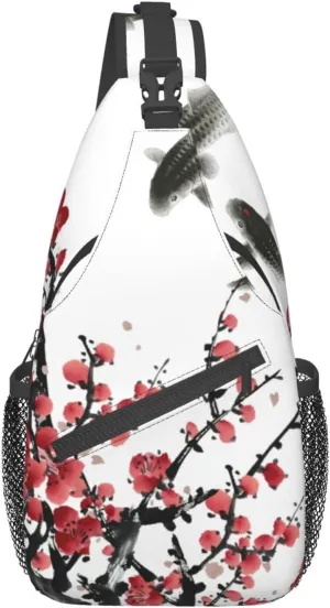 Red Plum Blossom Sling Bag Crossbody Backpack,Flower Blossom Bloom Trees Branch Koi Fish Asian Style Tradition Artwork Chest Bag Adjustable Shoulder Backpack Travel Hiking Daypack