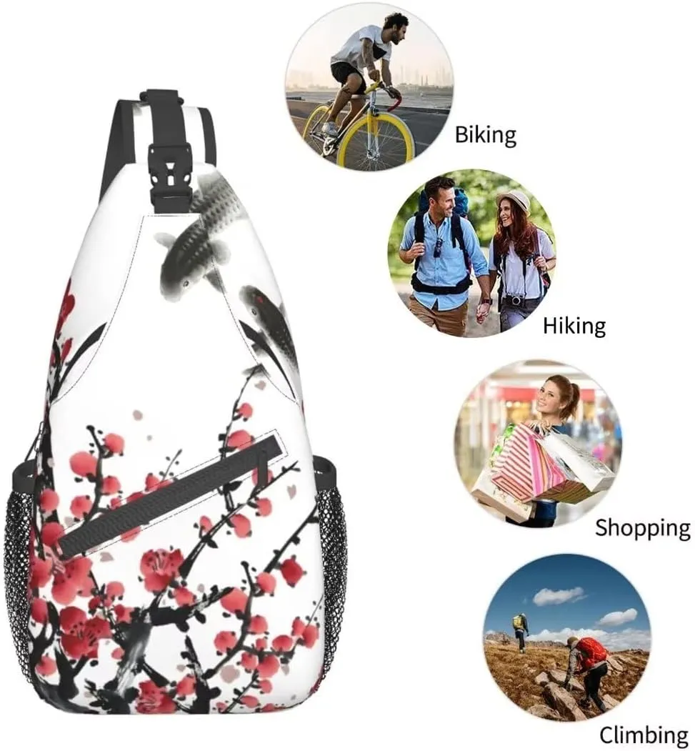 Red Plum Blossom Sling Bag Crossbody Backpack,Flower Blossom Bloom Trees Branch Koi Fish Asian Style Tradition Artwork Chest Bag Adjustable Shoulder Backpack Travel Hiking Daypack