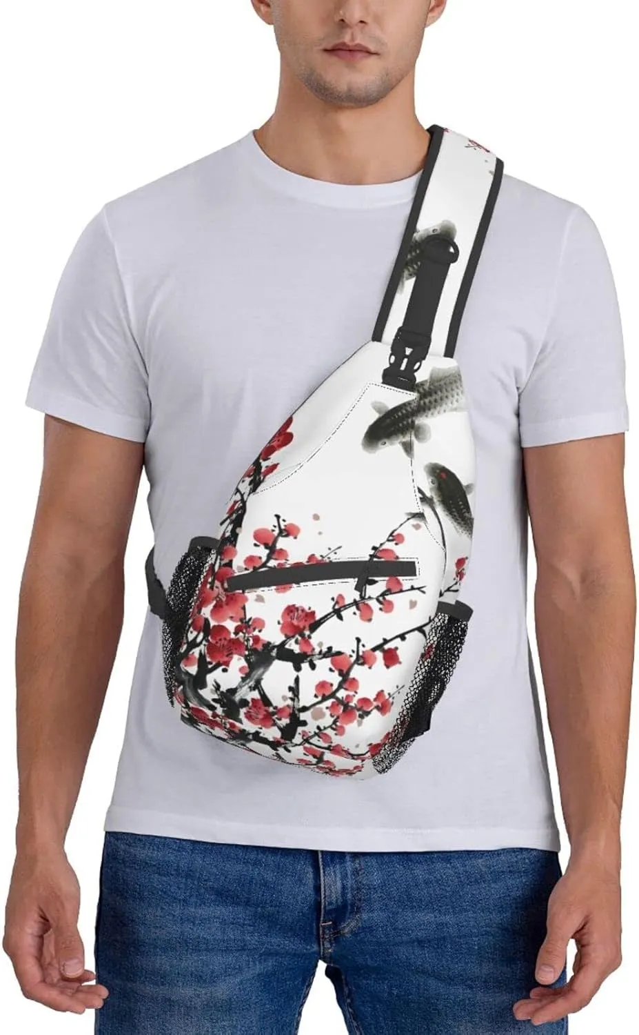Red Plum Blossom Sling Bag Crossbody Backpack,Flower Blossom Bloom Trees Branch Koi Fish Asian Style Tradition Artwork Chest Bag Adjustable Shoulder Backpack Travel Hiking Daypack