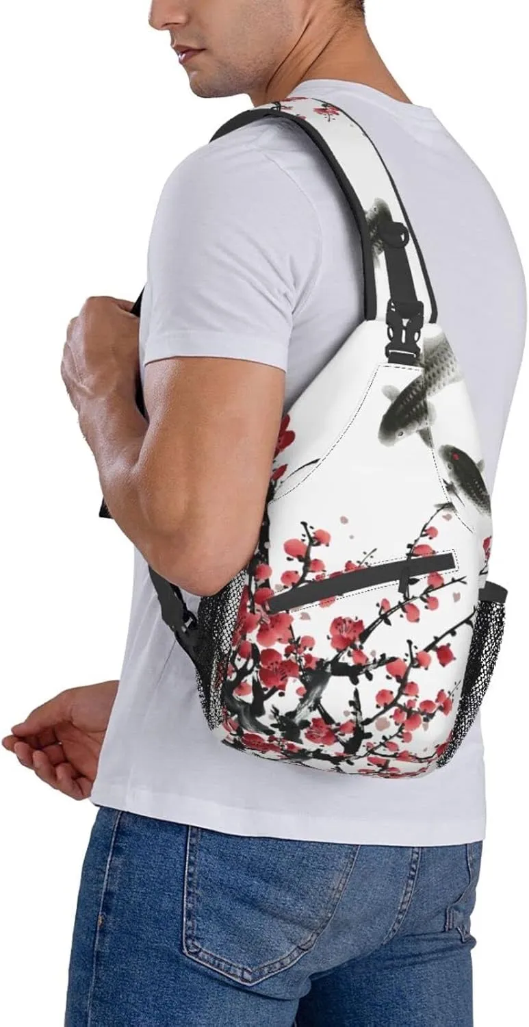 Red Plum Blossom Sling Bag Crossbody Backpack,Flower Blossom Bloom Trees Branch Koi Fish Asian Style Tradition Artwork Chest Bag Adjustable Shoulder Backpack Travel Hiking Daypack