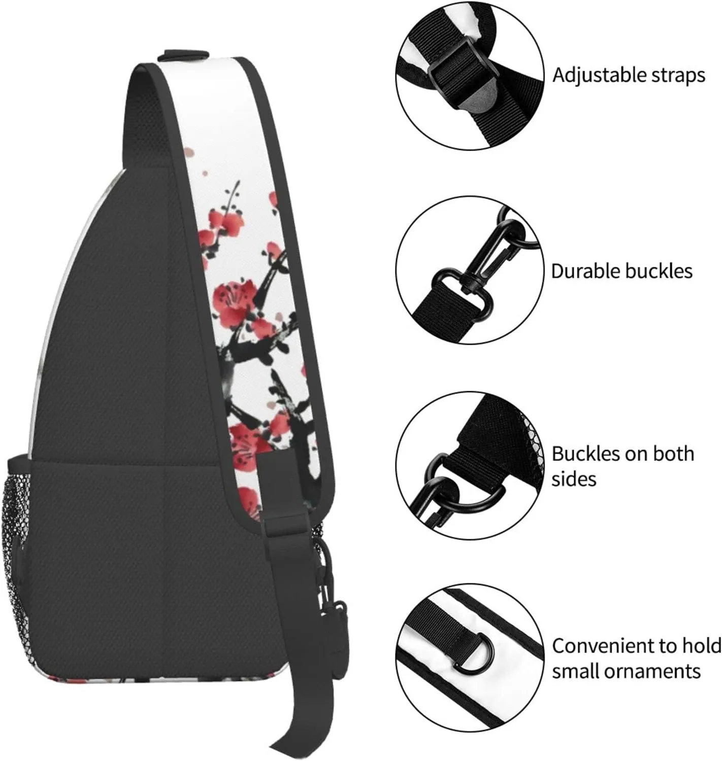 Red Plum Blossom Sling Bag Crossbody Backpack,Flower Blossom Bloom Trees Branch Koi Fish Asian Style Tradition Artwork Chest Bag Adjustable Shoulder Backpack Travel Hiking Daypack