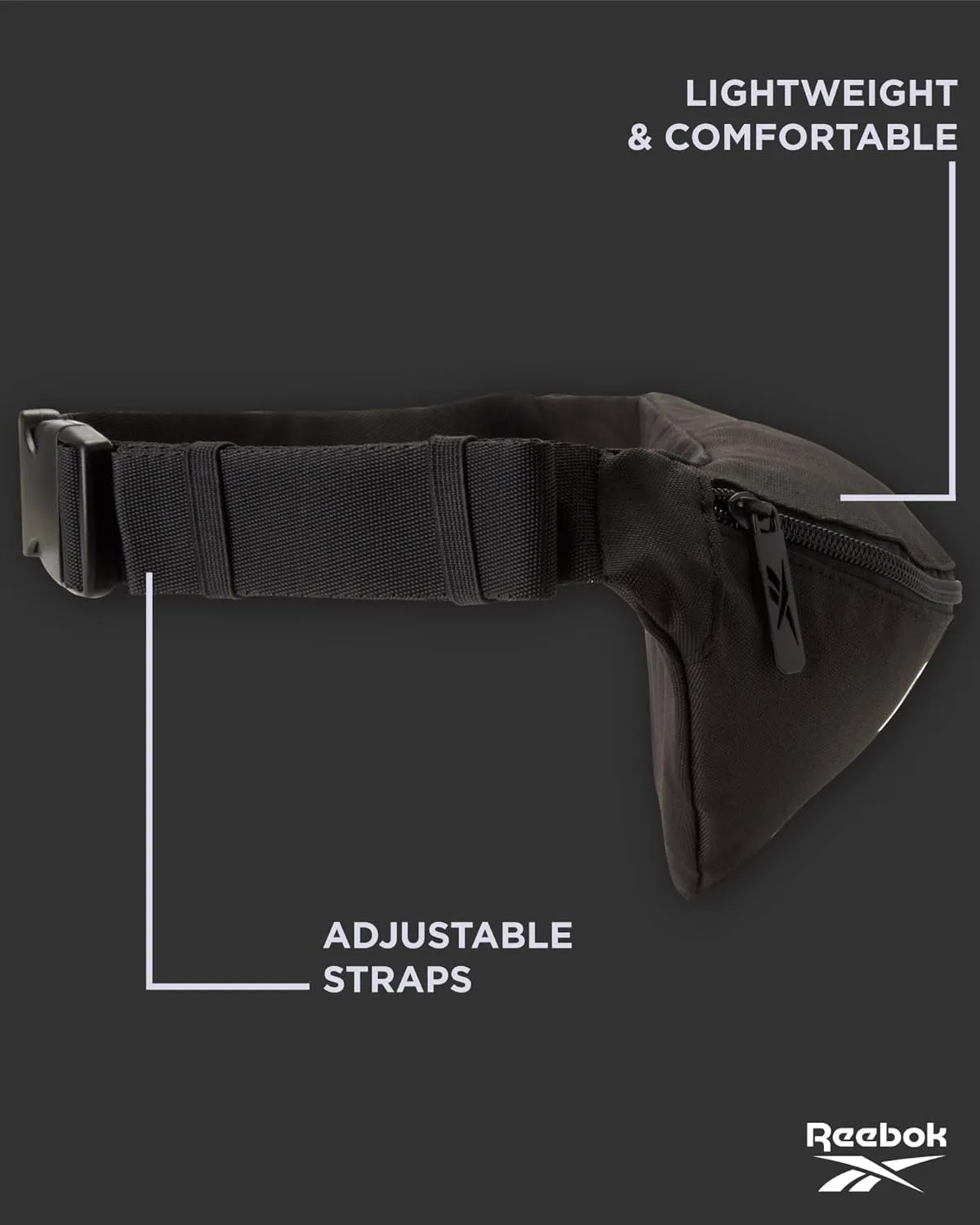 Reebok Waist Belt Fanny Pack - Stylish Fashion Cross Body and Waist Belt Bags - Lightweight Crossbody Bags for Women and Men, Solid Black With White Logo