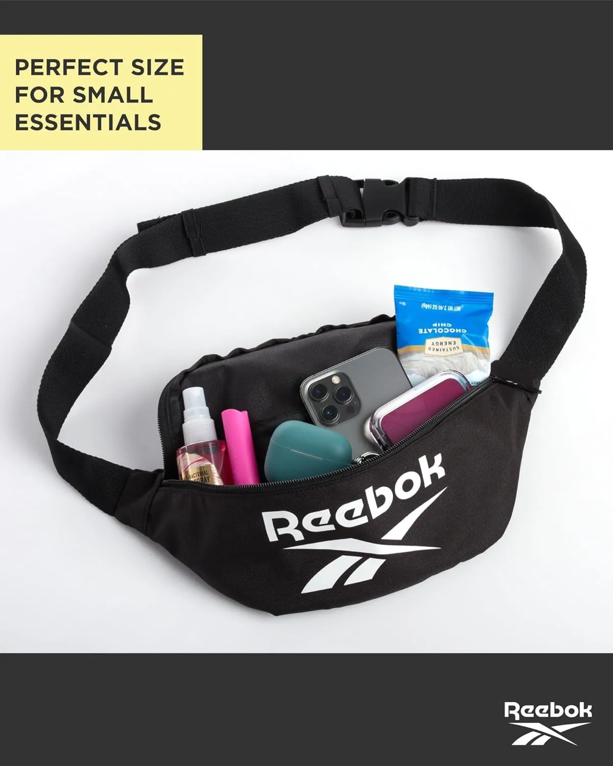 Reebok Waist Belt Fanny Pack - Stylish Fashion Cross Body and Waist Belt Bags - Lightweight Crossbody Bags for Women and Men, Solid Black With White Logo
