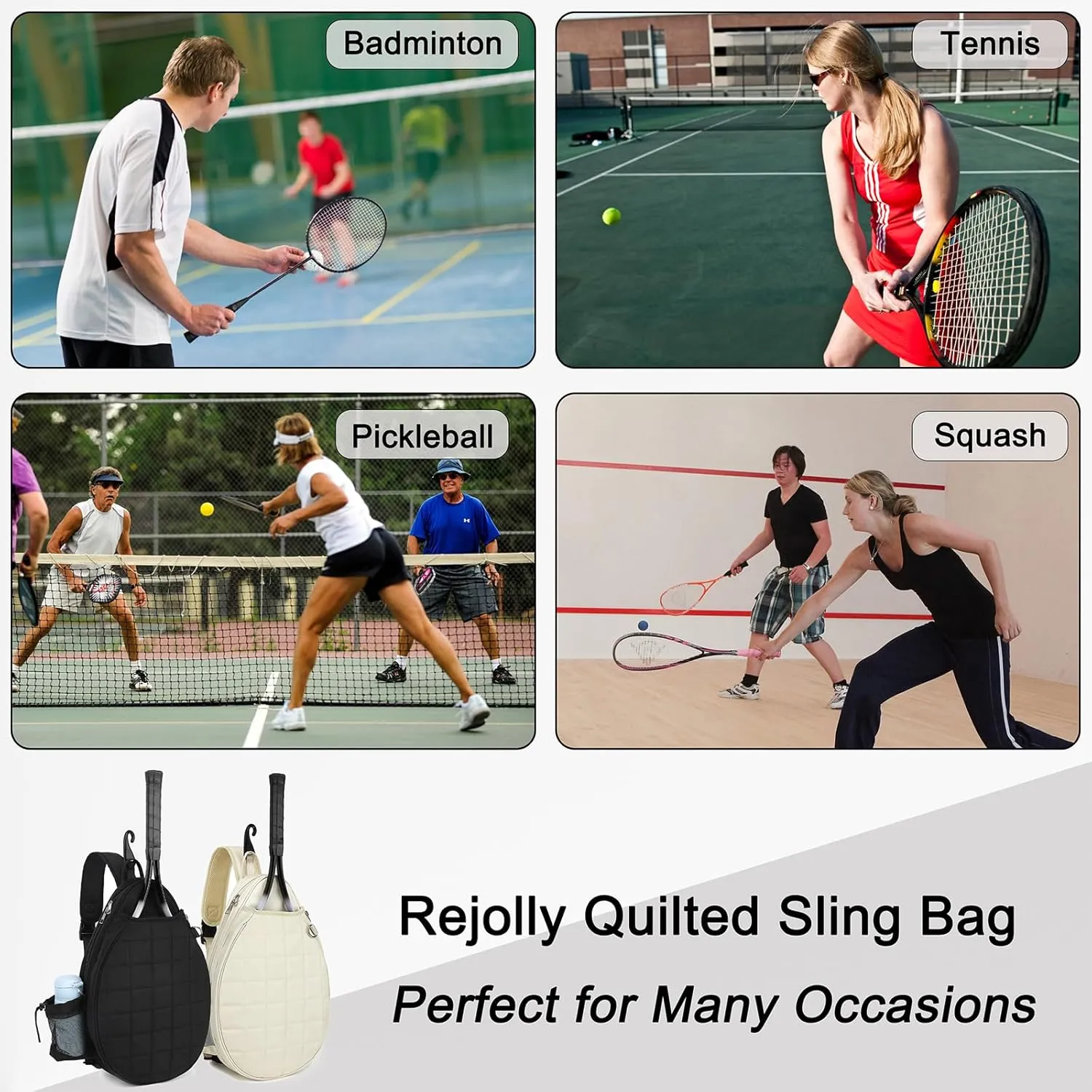 Rejolly Tennis Racket Sling Bag for Women Men Quilted Water Resistant Racquet Cover One Shoulder Crossbody Bag for 2 Tennis Rackets, Pickleball Paddles, Badminton Racquet