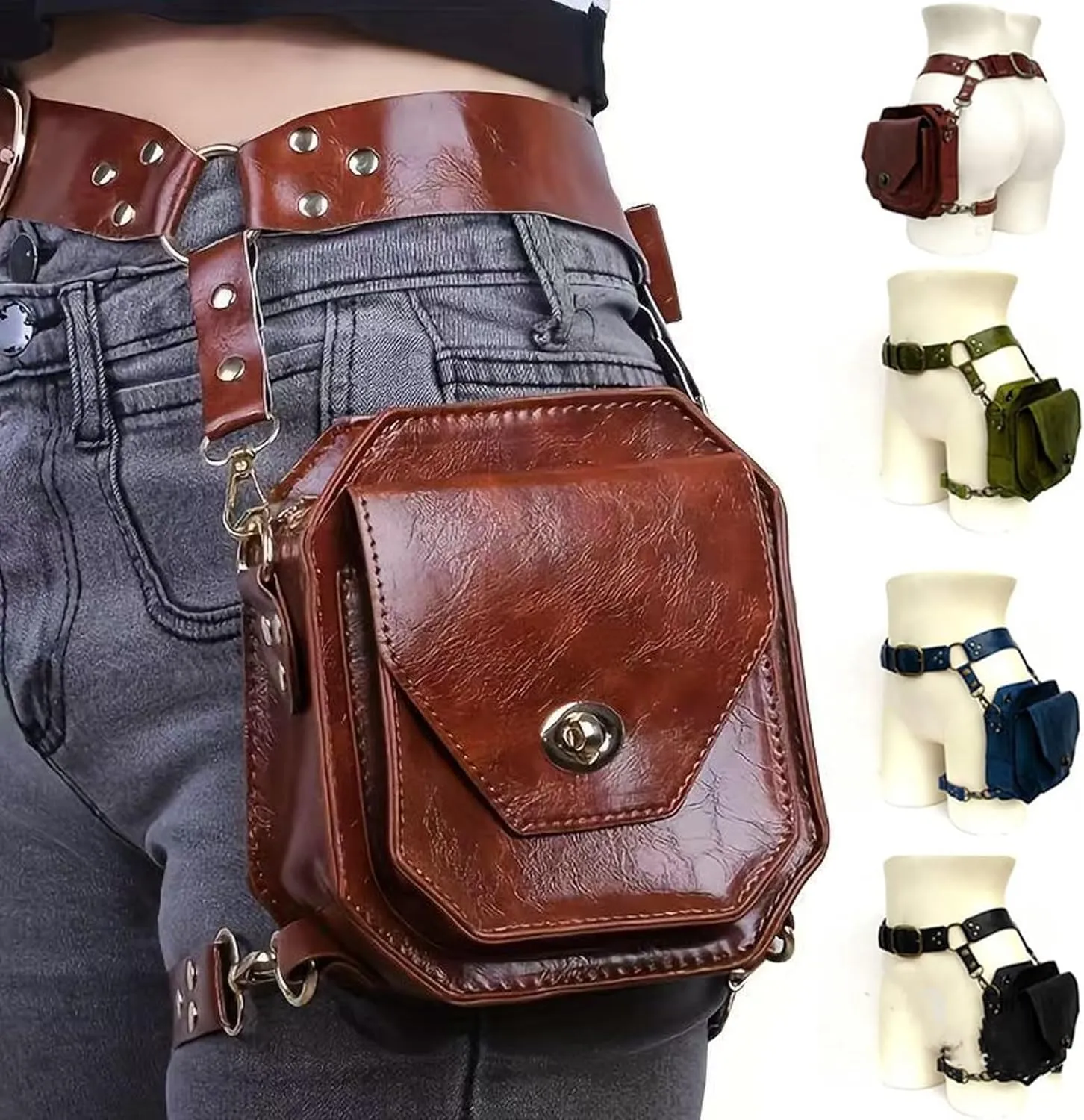 Renaissance Medieval Belt Satchel Pouch Bag,Leather Thigh Purse with Drop Leg Strap,Steampunk Retro Waist Belt Bag(Brown)