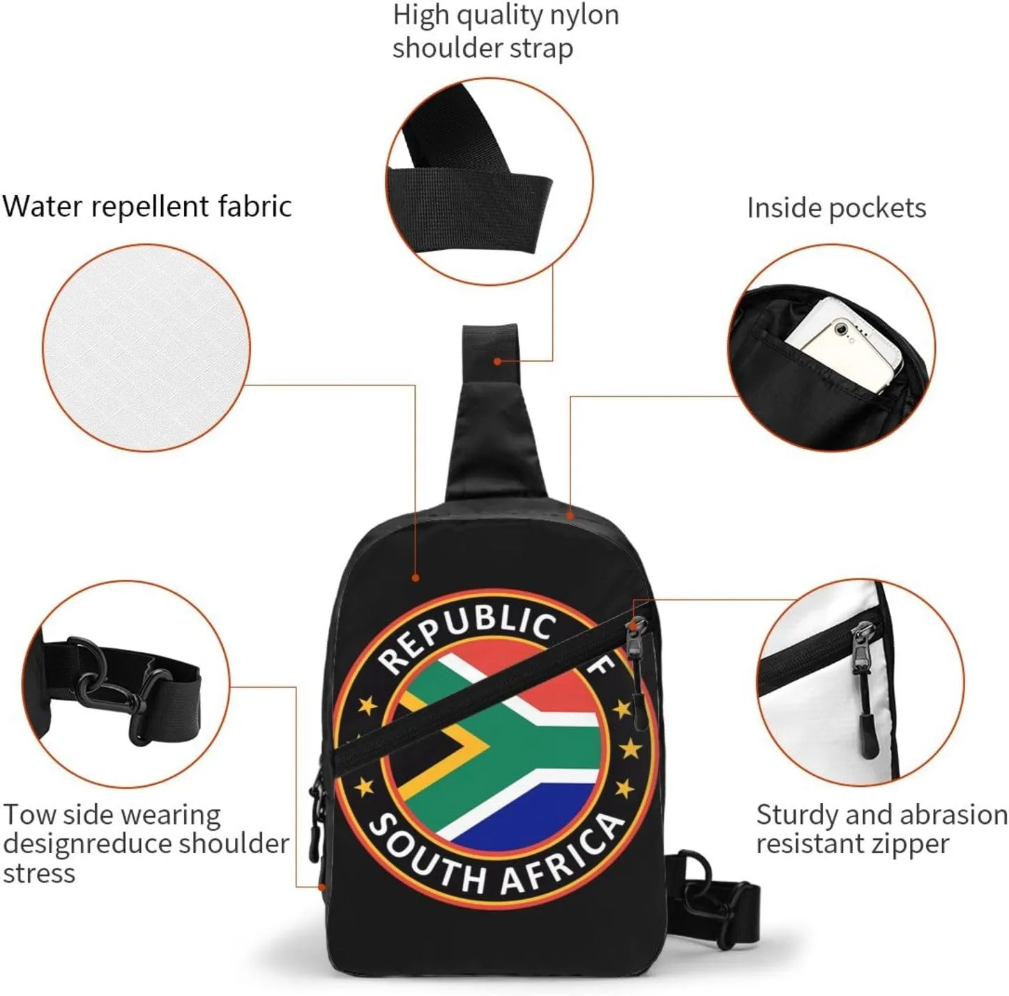 Republic of South Africa Crossbody Bag Portable Sling Bags Foldable Chest Daypack Reusable Sports Shoulder Backpack Diagonally Casual Rucksack Travel Bag