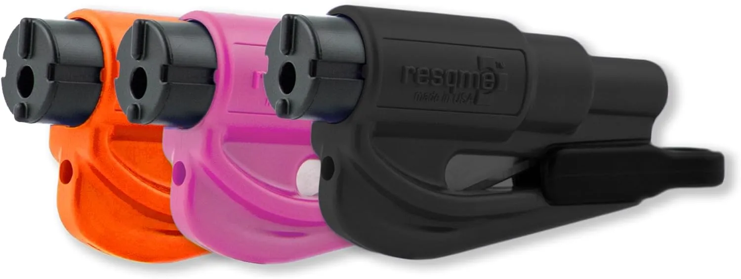 resqme The Original Emergency Keychain Car Escape Tool, 2-in-1 Seatbelt Cutter and Window Breaker, Made in USA, Family Pack of 3, Orange, Black, Pink - Compact Emergency Hammer