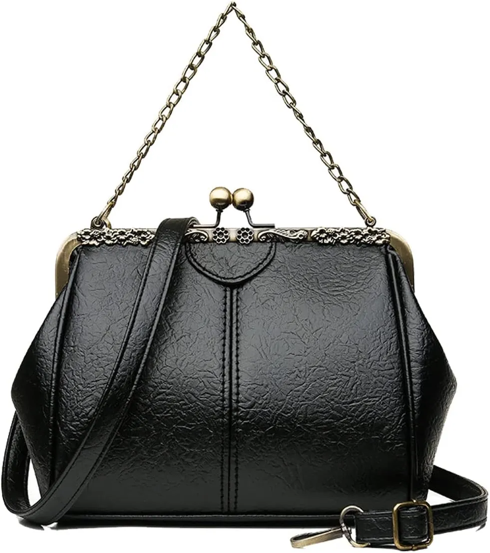 Retro Handbags and Purses for Women Chain Kiss Lock Top-Handle Satchel PU Leather Shoulder Bag Hollow Tote