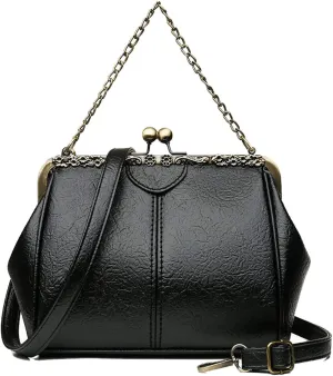 Retro Handbags and Purses for Women Chain Kiss Lock Top-Handle Satchel PU Leather Shoulder Bag Hollow Tote