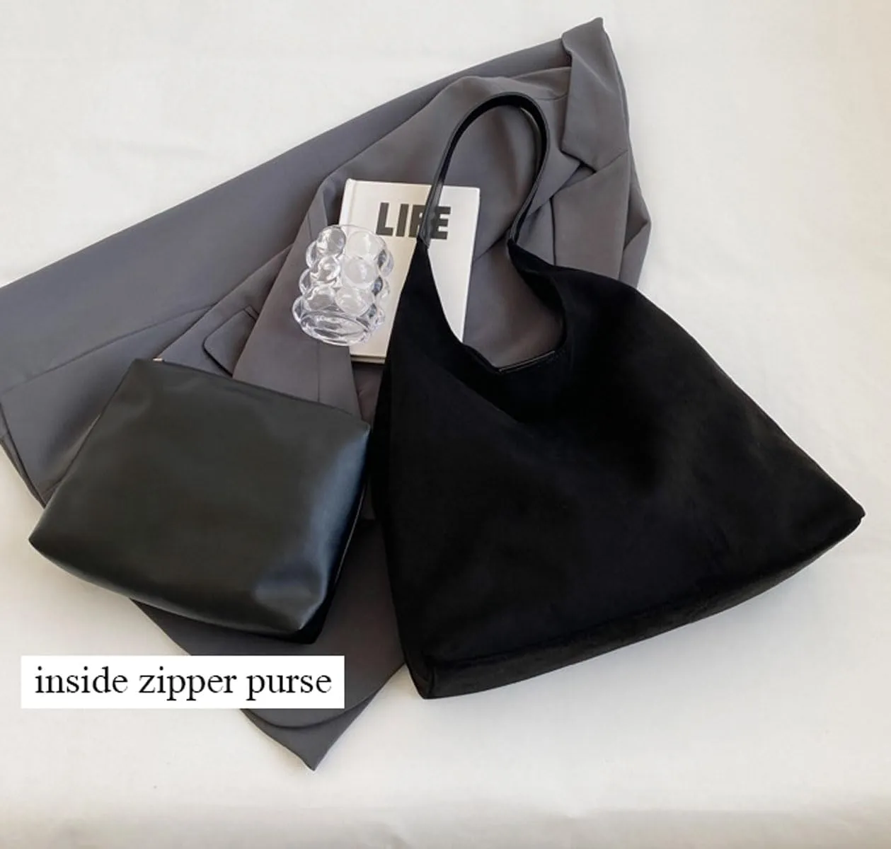 Retro Slouchy Suede Tote Bags for Women Top Handle Large Hobo Bag Fall Winter Shoulder Handbags, Black