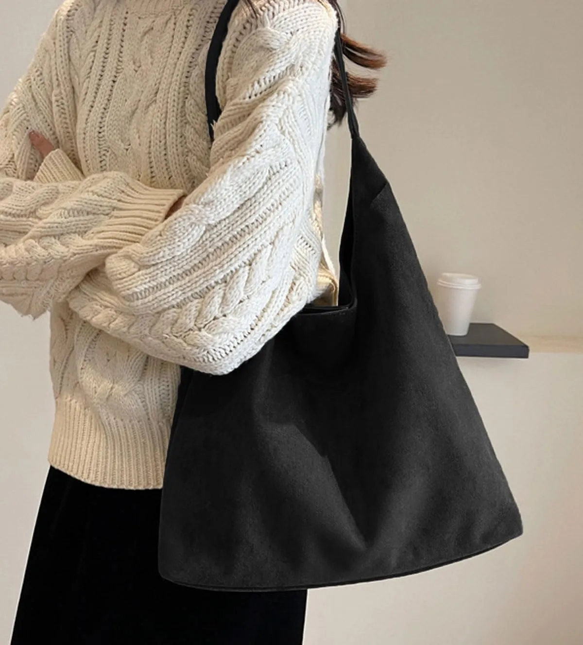 Retro Slouchy Suede Tote Bags for Women Top Handle Large Hobo Bag Fall Winter Shoulder Handbags, Black