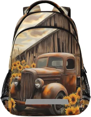 Retro Truck Barn Sunflower Backpack for Boys Girls Elementary School Bag Kids Travel Bags Casual Rucksack Laptop Bookbag